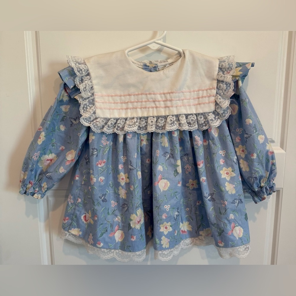 Bryan Vintage Dress Size 18 Months Girls Collared Floral, Lace Puff Sleeve READ